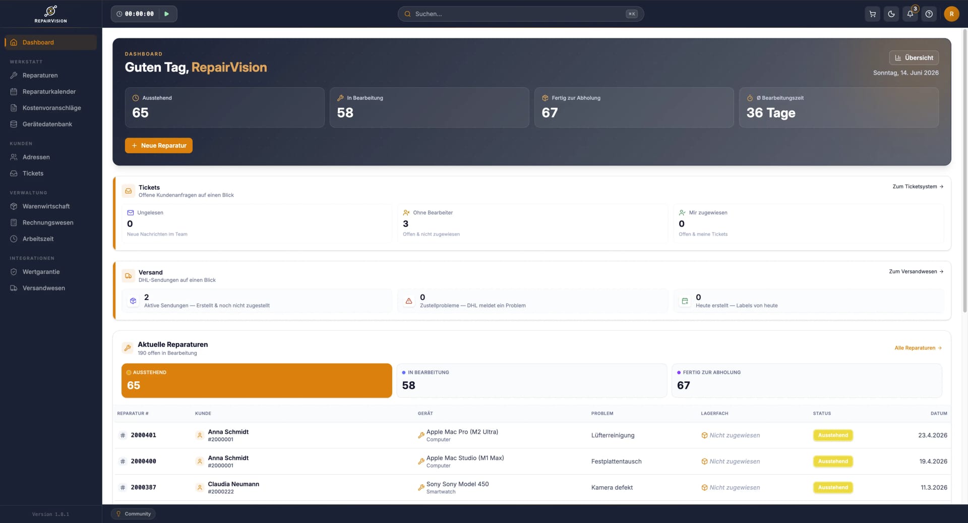 RepairVision™ Dashboard: Reparaturübersicht, Statistiken und Kundenverwaltung